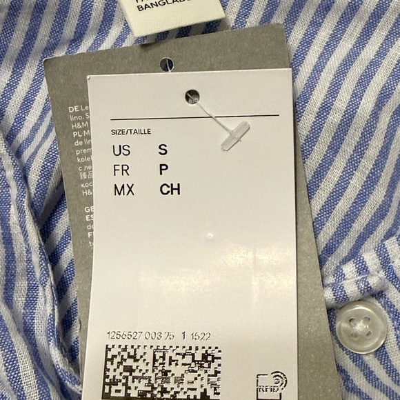 H & M Linen Blend Premium Selection Blue Striped Puff Sleeve Blouse NWT S - Picture 6 of 11